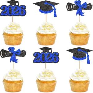 24Pc 글리터 블랙 블루 졸업 컵케이크 토퍼 2026 캡 추천 생일 장식 파티 용품