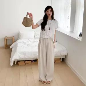 여성 린넨 혼합 핀턱 와이드 슬랙스 태슬 벨트 삼베
