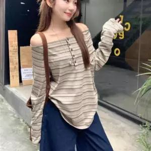 긴팔티셔츠 보트넥 루즈핏 스트라이프 오프숄더 긴팔