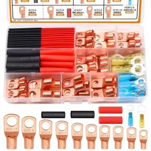 mankkk 130PCS 구리선 러그 AWG 2 4 6 8 10 12 14 16 게이지 배터리 단자 커넥터 케이블 끝 링 키트 Heat