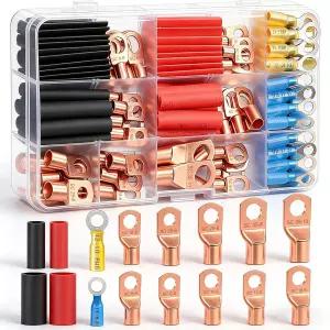 Twideec/130PCS 배터리 케이블 종단 AWG 2 4 6 8 10 12 14 16 게이지 구리 와이어 러그 링 단자 커넥터 열