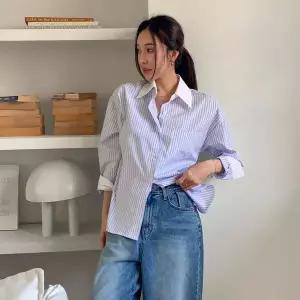[옷자락]여성용 줄무늬 카라 포켓 버튼 셔츠 남방 단가라_P423307442