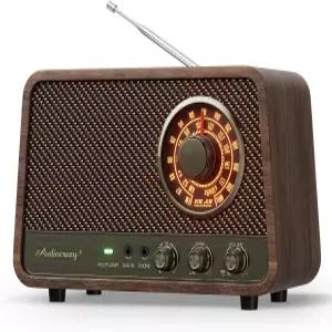 빈티지 우드 AM FM 블루투스 라디오 10와트 강력한 사운드 부드럽게 빛나는 다이얼 베이스 컨트롤 보조