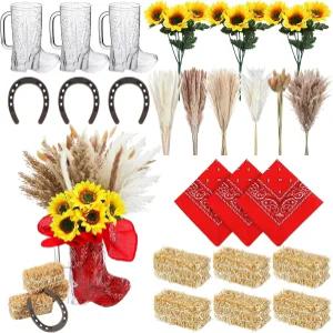 Sliner 78pcs 서부 보이 테이블 중앙 장식과 부츠가 있는 파티 팜파스 잔디 인조 해바라기 말굽 미니 베일