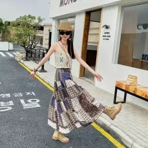 [하프클럽/]체크 무늬 밴딩 롱 스커트 휴양지 캐주얼 치마