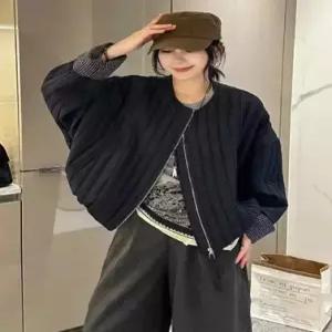 팔콘 캐주얼 여성용 여성 라운드 루즈핏 누빔 카디건 가디건 체크 소매 KKE1