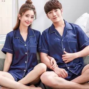 [하프클럽/]남성 여성 여름 반팔 커플 파자마 수면 실크 잠옷