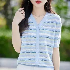 밴널스샵 여성 니트 면 브이넥티 브이넥 카디건 반팔 티셔츠 펀칭 풀오버 5부 HO2