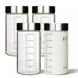 [미르코리아]내열유리 눈금유리병 300ml 4P 우유 수제청 보관 유리병