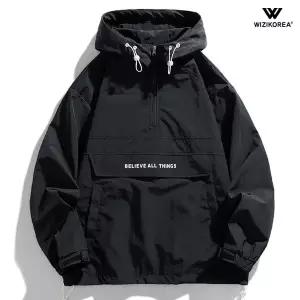 [위즈아이]남성 여름 남성 아노락 오버핏 자켓 반집업 후드 바람막이 점퍼 봄 가을 등산복 WI242J