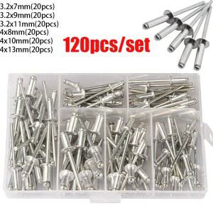 호환 120pcs 알루미늄 합금 리베 터 패스너 세트 팝 리벳 구색 키트 가구 구색 돔 블라인드 리벳 너트 도구