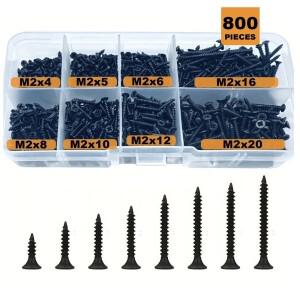 M2 검정색 플랫 헤드 크로스 탄소강 셀프 태핑 나사 800개 주택 개조 DIY 엔지니어링 전자 제품