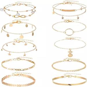 여성용 KFHENSOMR 12pcs 골드/실버 발목 팔찌 레이어드 방수 14k 쿠바 링크 체인 발찌 세트 조절 가능한