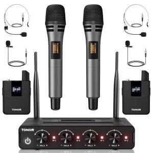 TONOR 무선 마이크 시스템 헤드셋 라발리에 라펠 포함 10채널 UHF 휴대용 세트 바디팩 송신기 수신기 노래방 노래 교회 PA 스피커용 60M 200피트 범위