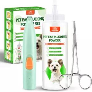 반려견 이어 파우더 제모 키트 - 30g LED 사일런트 트리머 및 5.5인치 핀셋 올인원 케어 솔루션 냄새 제어