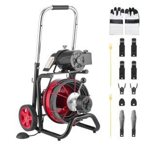VEVOR 배수 청소기 100피트 x 3/8인치, 자동 급수 하수구 스네이크 오거 온 휠, 370W 휴대용 8개 커터 및 2~4인치 파이프용 공기 활성화 풋 스위치