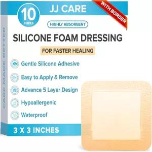 JJ CARE 실리콘 폼 드레싱 3x3 10팩 용 붕대 접착 테두리가 있는 방수 관리용 흡수성 침대