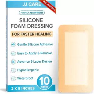 JJ CARE 실리콘 폼 드레싱 2x5 10팩 용 붕대 접착 테두리가 있는 방수 관리용 흡수성 침대
