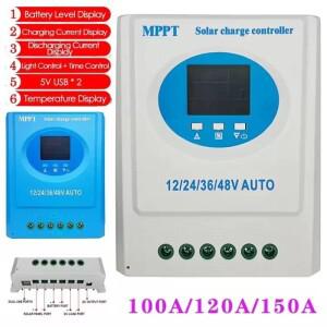태양광 충전 컨트롤러 MPPT 100A 12V 24V 36V 48V 전지 패널 배터리 지능형 레귤레이터 LCD 디스플레이 듀