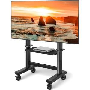 바퀴가 달린 모바일 TV 카트 롤링 스탠드, 최대 250파운드의 LCD LED 평면 곡면 스크린, VESA800x600mm 헤비 듀티 휴대용 바닥 스탠드 대형 베이스 트롤리 높이 조절 가능