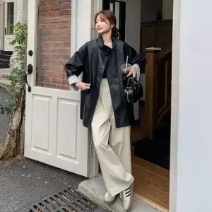 엘럽 여사친 검정 가을 빈티지 캐주얼 체크 PU 소매 가죽 자켓 재킷 코트 원템3