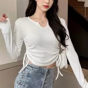 여성 세미 크롭 티셔츠 V넥 골지 슬림 긴팔 슬리브