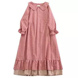 손오반 원피스 여자 면 가을 데일리룩 쉬폰 체크 라운드카라 긴팔 린넨 프릴 롱스커트 KUK3