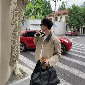 크리링 남성 남친 자켓 블레이져 가을 봄 쇼트 빈티지 칼라 코트 커플 배색 가죽 카라 루즈핏 캐주얼 코디