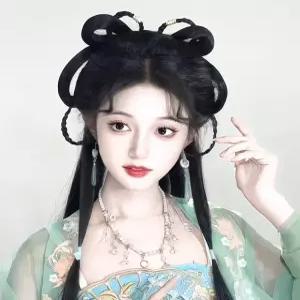 중국 전통 왕홍 가발 한푸 헤어스타일 일체형 여성용 전체 머리 덮개 고전풍 촬영 소품
