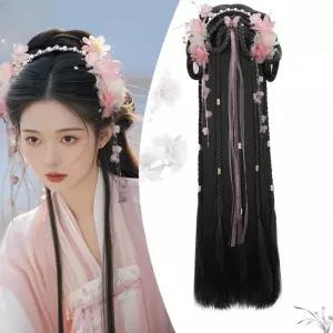 중국 전통 왕홍 가발 악세사리포함 한푸 스타일 여성 긴머리 전체 고전풍머리 장식 촬영