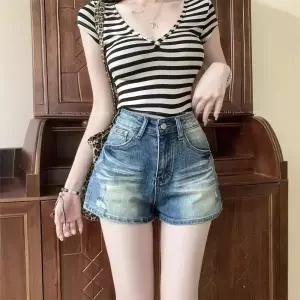 솔저스여성 빈티지 청반바지 여름 슬림핏 스판 스키니 A라인 핫팬츠 OPH2