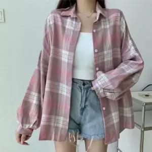[하프클럽/]여름용 시원한 루즈핏 체크 무늬 여성용 시스루 셔츠 블라우스 6