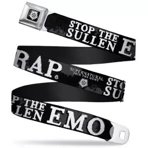 Buckle-Down 안전벨트 - SUPERNATURAL STOP THE SULLEN EMO CRAP 블랙/그레이/화이트 - 너비 2.5cm(1인치)
