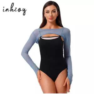 Womens Glittery Rhine Mesh 댄스 크롭 탑 긴 소매 풀오버 숄더 커버 발레 모던 Pracise