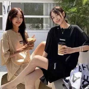 [하프클럽/]베이직데일리 골지 홈웨어 반팔 레터링 셋업