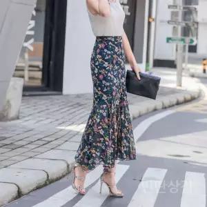 머메이드플라워스커트 비치 봄 레이스 치마 쉬폰 패턴 플레어 S 프린트 여성 슬림 A 여름