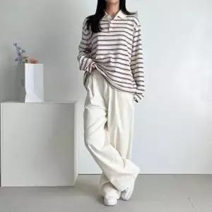[하프클럽/]와이드 면바지 통 힘줄 뒷밴딩 바지