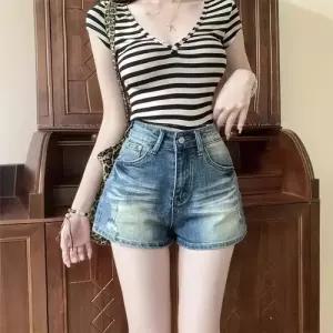 헐크 여자 여사친 빈티지 여름 청반바지 슬림핏 스판 스키니 A라인 핫팬츠 KKE2