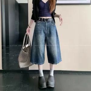 포뇨 여성 빈티지 워싱 자수 배기 청바지 하이웨스트 7부 바지 OPH1
