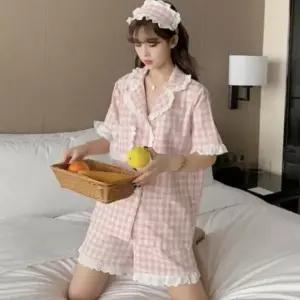 [하프클럽/]여성용 핑크 레이스 여름 반팔 잠옷 반바지
