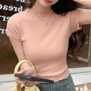 [라일리여성의류] Rly 여자 반팔 니트여름 골지 라운드 티 핑크