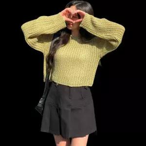 [하프클럽/옷자락]여성 크롭 루즈핏 긴팔 와플짜임 무지 니트