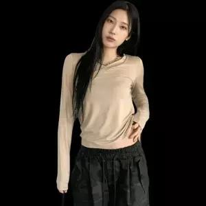 [하프클럽/옷자락]여성 브이넥 긴팔 세미크롭 무지컬러 티셔츠