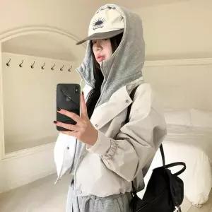 [하프클럽/옷자락]여성 간절기 후드 레이어드 크롭 점퍼 블루종