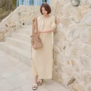 밴딩 라운드넥 퍼프 반팔 롱 원피스 무지 A라인 여성 빅사이즈