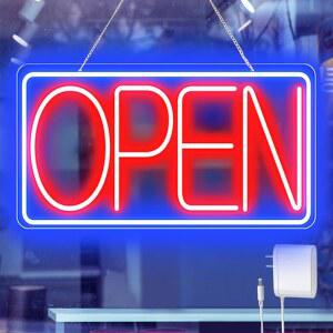 비즈니스용 16.5인치 X 9인치 LED 네온 오픈 사인 - 12V/2A 초밝은 사인(ON/OFF 스위치 포함) 바, 살롱, 커피 매장, 클럽, 호텔(수평)용 플러그인 전기 조명 켜짐