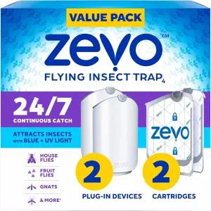 Zevo 플라잉 곤충 트랩 2개와 리필 카트리지 2개 - 파리 및 실내 벌레잡이 플러그인 날벌레 집파리