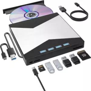 노트북용 Wbacon 외장 CD/DVD 드라이브 플레이어 USB 포트 4개와 TF/SD 카드 슬롯 2개를 갖춘 8인치 초슬림
