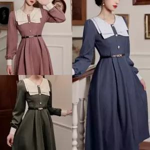 TBZ 프렌치 더블카라 진주버튼 롱원피스(3color) 경성의상