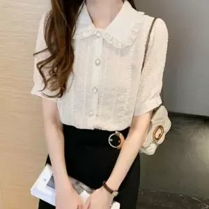 베이지 자수 프릴 여성 반팔 여름 블라우스 남방